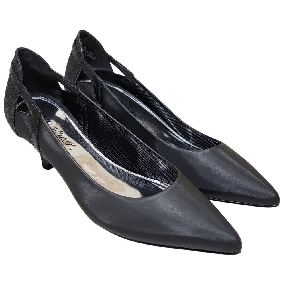 Easy Street Women Fancy Kitten Heel Pump Heels Size US 6.5M Black Satin Patent